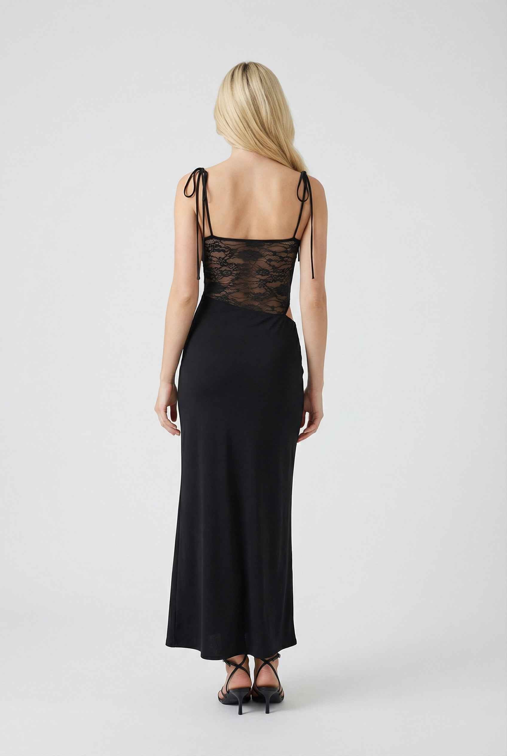 Elegant black lace dress named Isabella by Lumina Wear, featuring a flowy design and casual style.