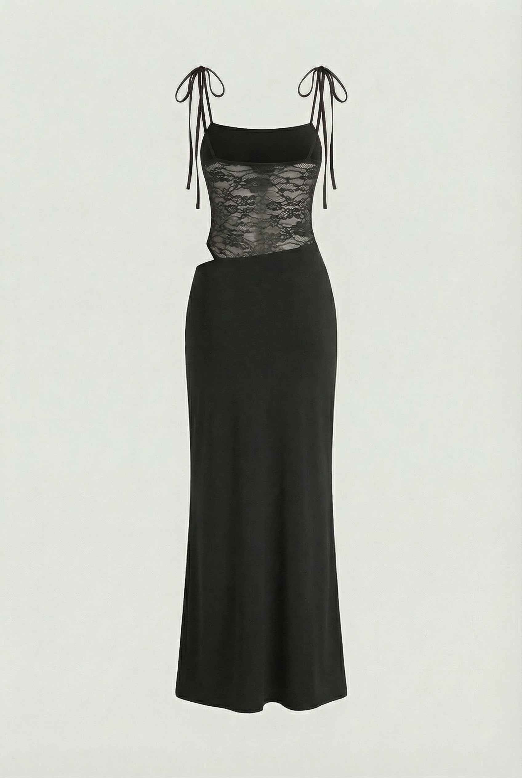 Elegant black lace dress with a flowy design from Lumina Wear, perfect for casual occasions, featuring intricate lace details.