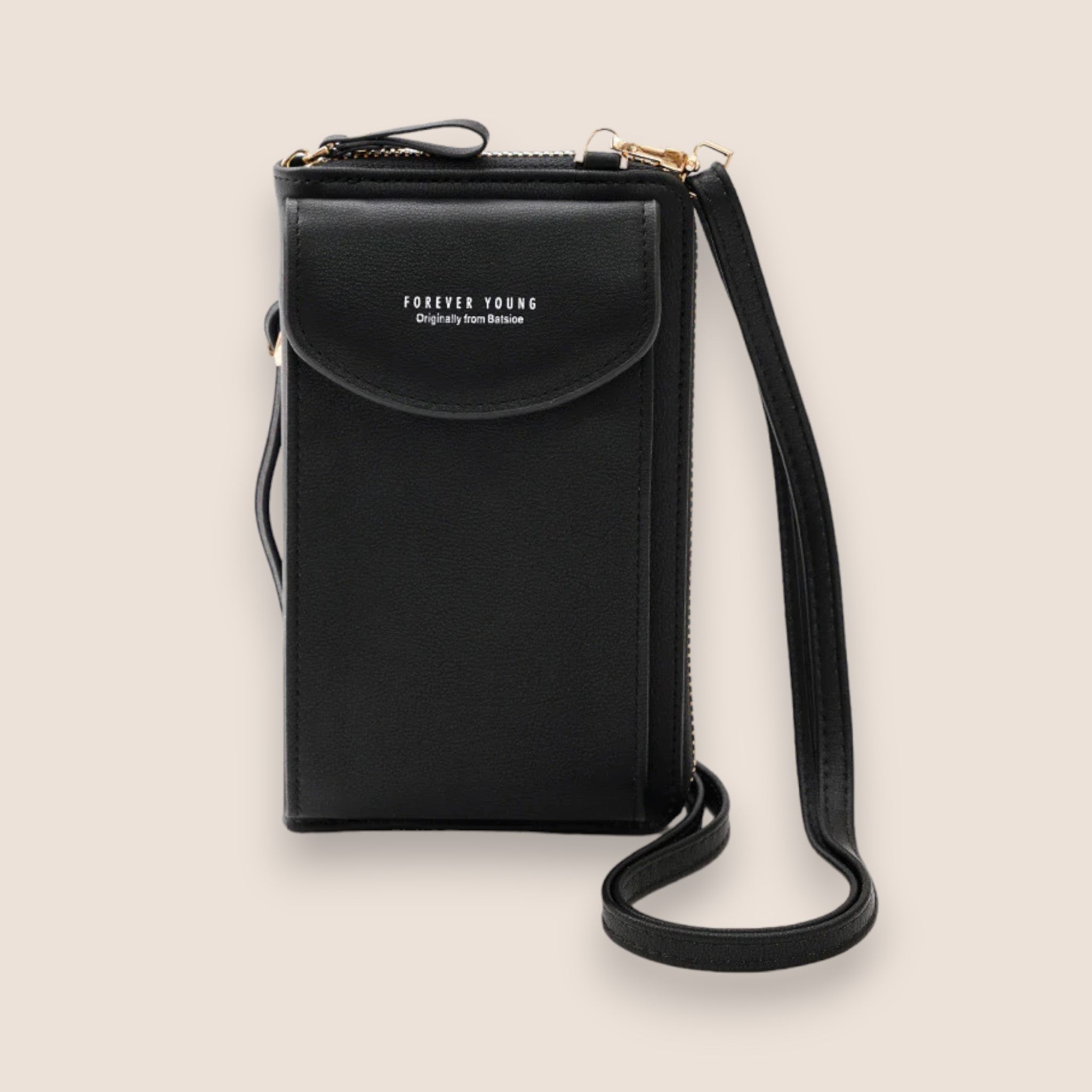 Elegant black leather clutch bag from Lumina Wear with a versatile strap, perfect for stylish evening or daytime use.