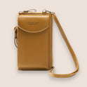 Elegant black leather clutch bag with versatile strap from Lumina Wear, featuring a sleek design and compact hand-held style.
