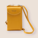 Elegant black leather clutch bag with versatile strap from Lumina Wear, featuring a sleek design and compact hand-held style.