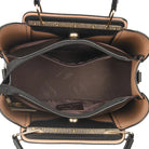 Elegant black leather handbag with gold accents from Lumina Wear's Isabella collection, featuring a structured design and stylish details.