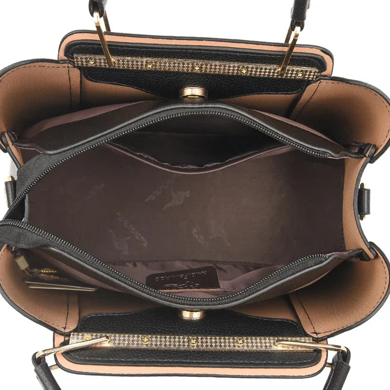 Elegant black leather handbag with gold accents from Lumina Wear's Isabella collection, featuring a structured design and stylish details.