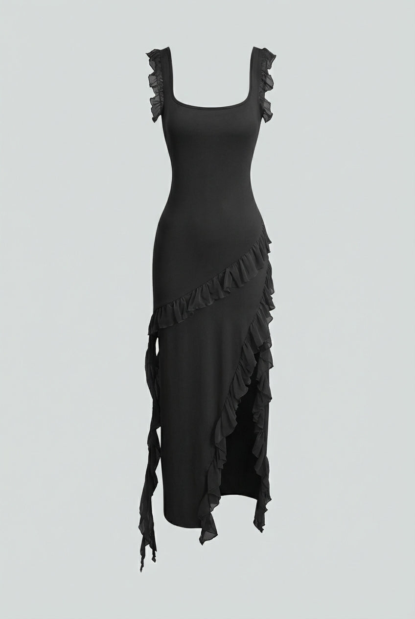 Elegant black maxi dress with high slit by Lumina Wear, featuring a fitted bodice and flowing skirt for women.