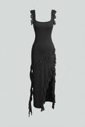 Elegant black maxi dress with high slit by Lumina Wear, featuring a flowing silhouette and stylish design for women.