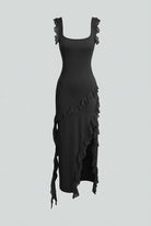 Elegant black maxi dress with high slit by Lumina Wear, featuring a fitted bodice and flowing skirt for women.