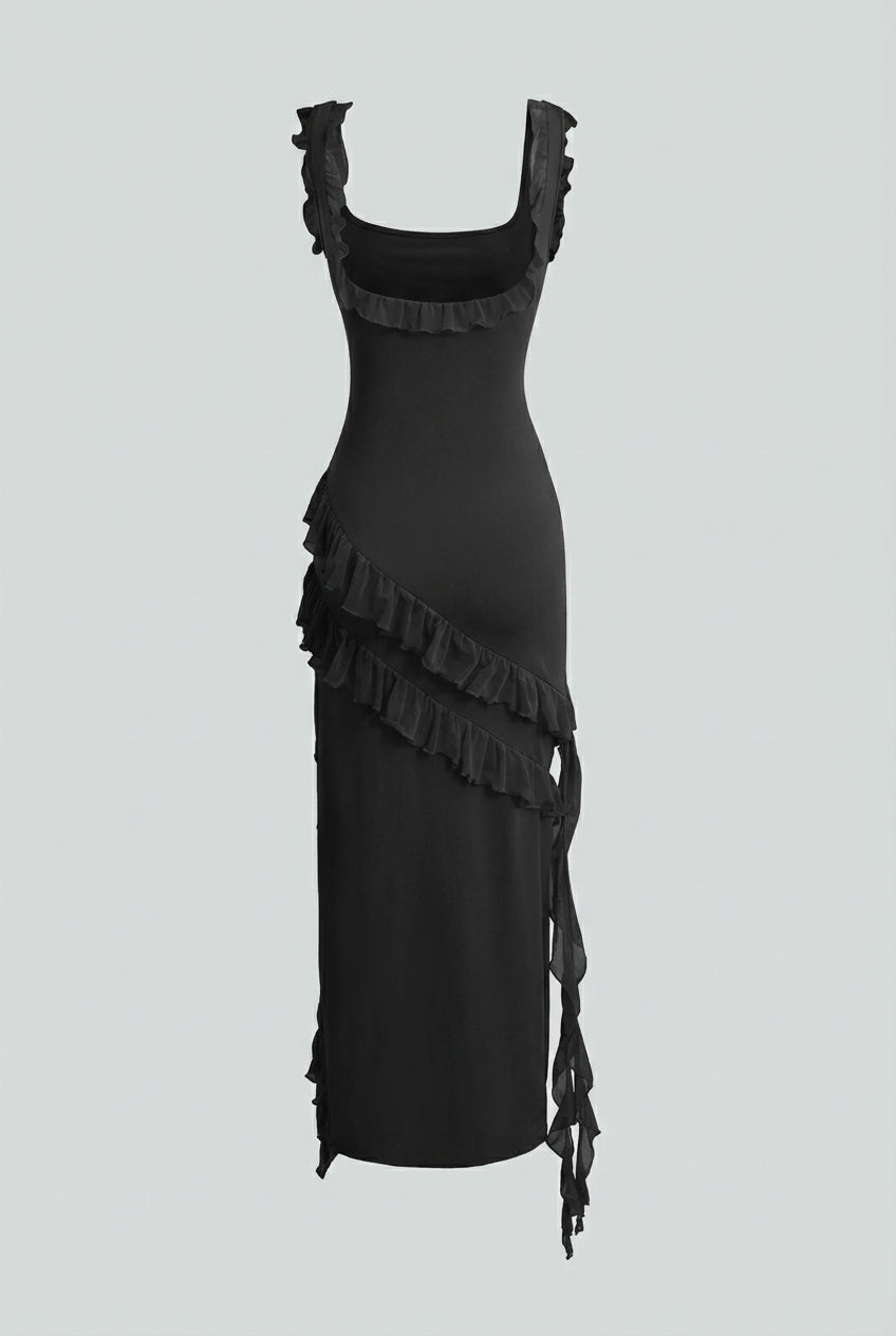 Elegant black maxi dress with high slit from Lumina Wear, featuring a fitted bodice and flowing skirt for women.
