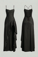 Elegant black maxi dress with lace-up back by Lumina Wear, featuring a flowing silhouette and stylish design for formal occasions.