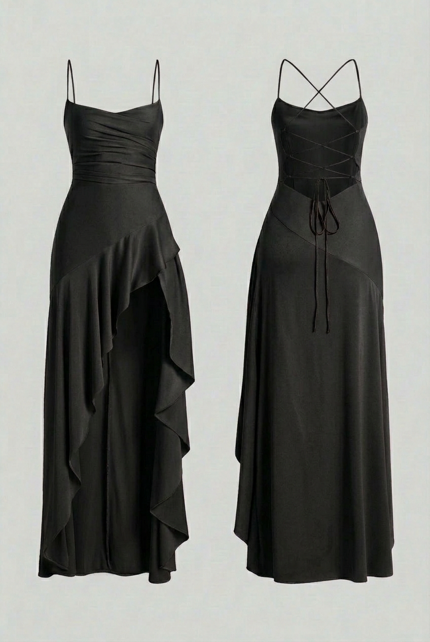 Elegant black maxi dress with lace-up back by Lumina Wear, featuring flowing fabric and stylish silhouette.