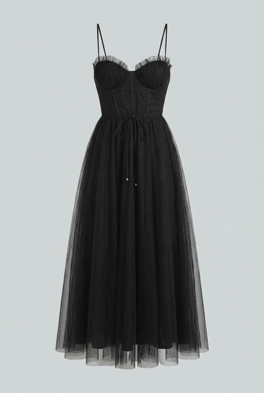 Elegant black midi dress by Lumina Wear, sleeveless design with a fitted silhouette, perfect for formal occasions.