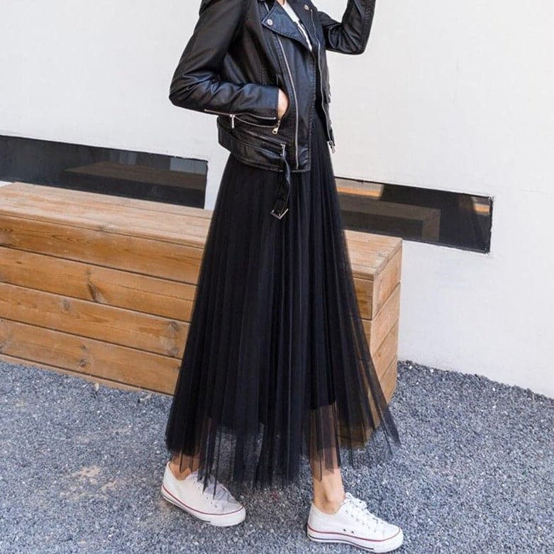 Elegant black tulle skirt by Lumina Wear, featuring a flattering fit and stylish design for women's fashion.
