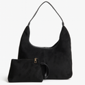 Elegant black vegan suede tote bag by Lumina Wear, showcasing a spacious handbag with sleek design and sturdy handles.