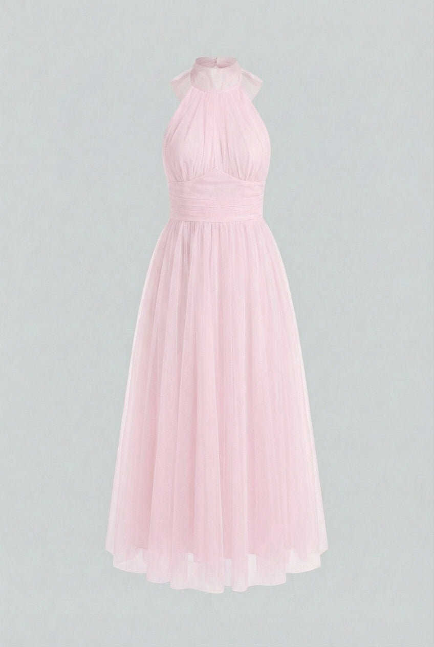 Elegant blush midi dress by Lumina Wear featuring a flattering silhouette and stylish design, perfect for special occasions.