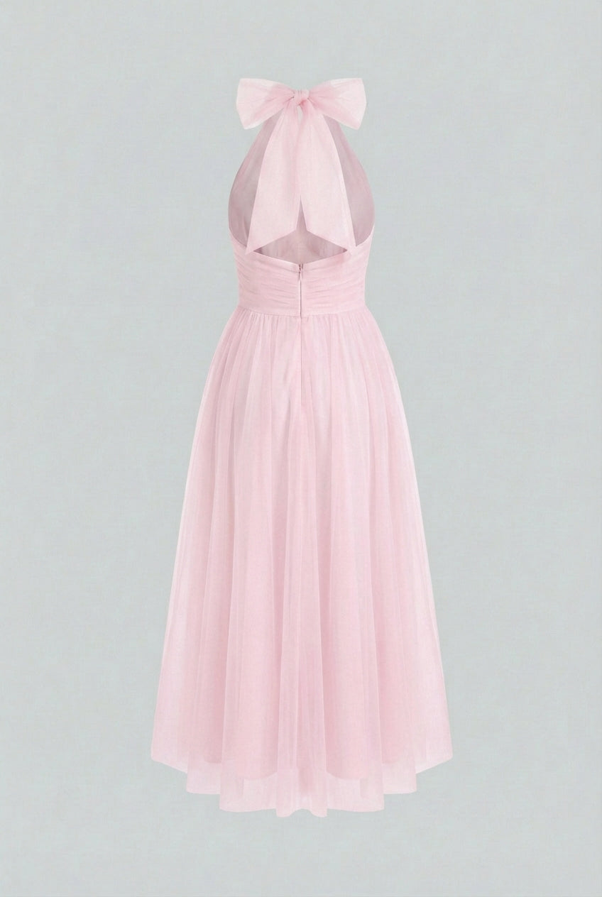 Elegant blush midi dress by Lumina Wear featuring a flattering silhouette, perfect for special occasions.