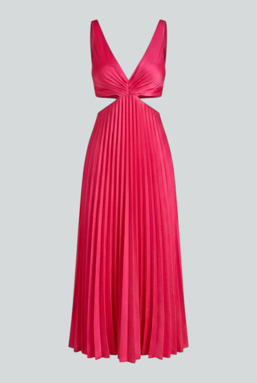 Elegant blush pink pleated dress with flowing silhouette from Lumina Wear, showcasing a stylish and graceful design.