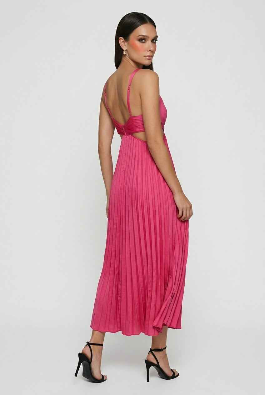 Elegant blush pink pleated dress by Lumina Wear featuring a flowing silhouette and stylish design, perfect for formal occasions.