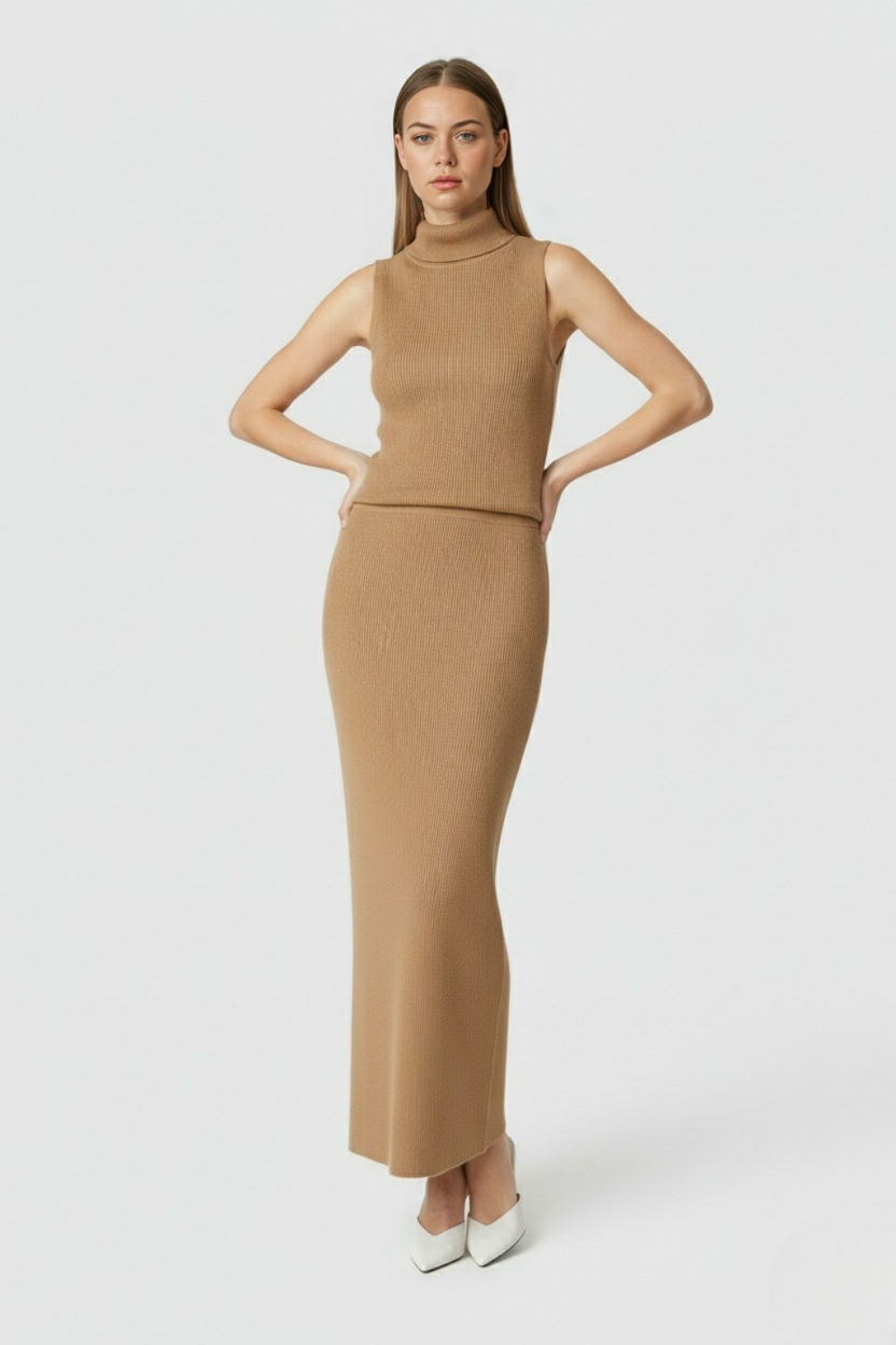 Elegant brown knit skirt set by Lumina Wear, featuring a sophisticated two-piece dress with stylish detailing.