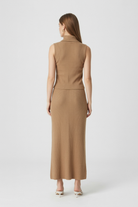 Elegant brown knit skirt set by Lumina Wear, featuring a stylish two-piece dress with sophisticated design.