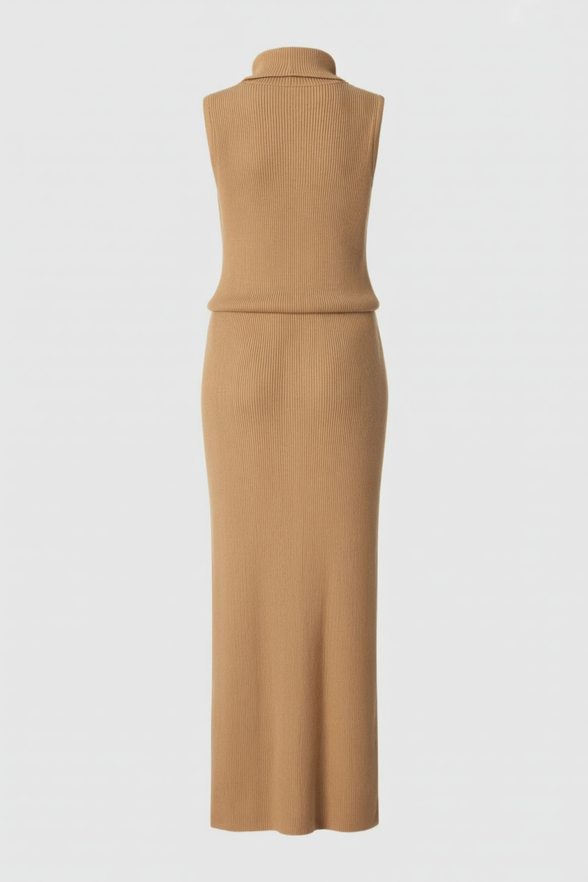 Elegant brown knit skirt set by Lumina Wear, featuring a sophisticated two-piece dress with stylish detailing.