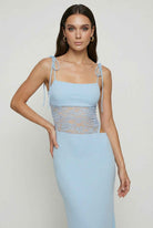 Blue Isabella Lumina Wear fitted bodycon maxi dress with feminine details, casual style, elegant silhouette, perfect for stylish occasions.
