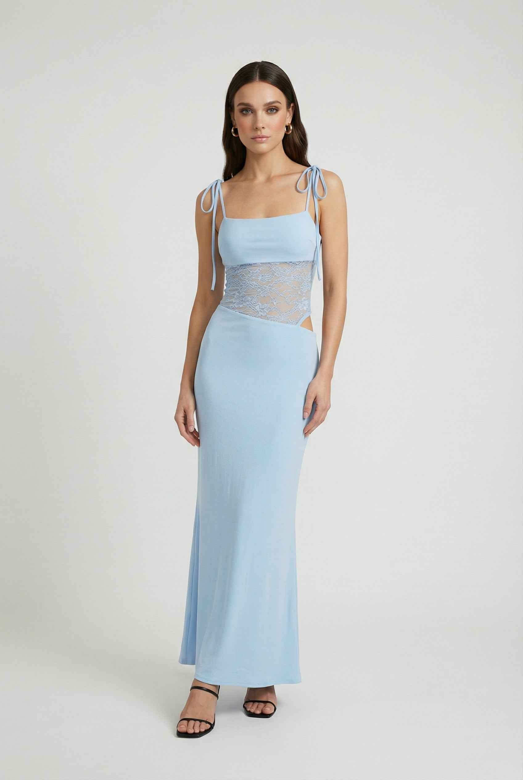 Blue Isabella Lumina Wear fitted bodycon maxi dress with feminine details, perfect for casual occasions, shown on a model.