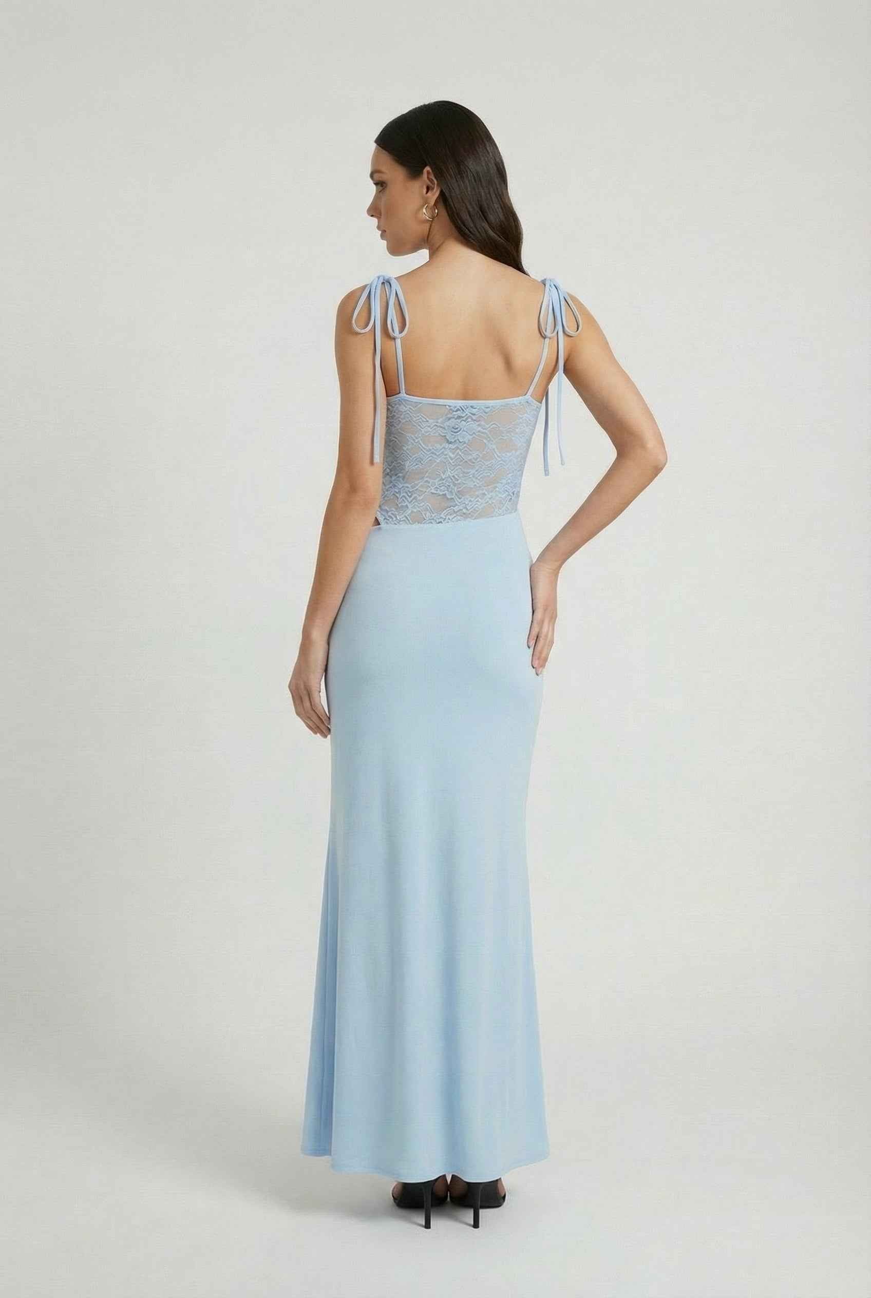 Blue Isabella Lumina Wear fitted bodycon maxi dress with feminine details, casual style, showcasing elegant silhouette and intricate design.