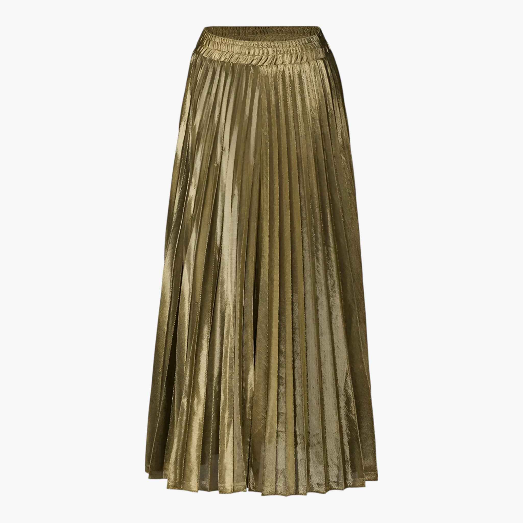 Elegant gold pleated maxi skirt with high waist from Lumina Wear, featuring flowing fabric and sophisticated design.