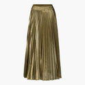 Elegant gold pleated maxi skirt with high waist from Lumina Wear, styled with flowing fabric and a sophisticated silhouette.