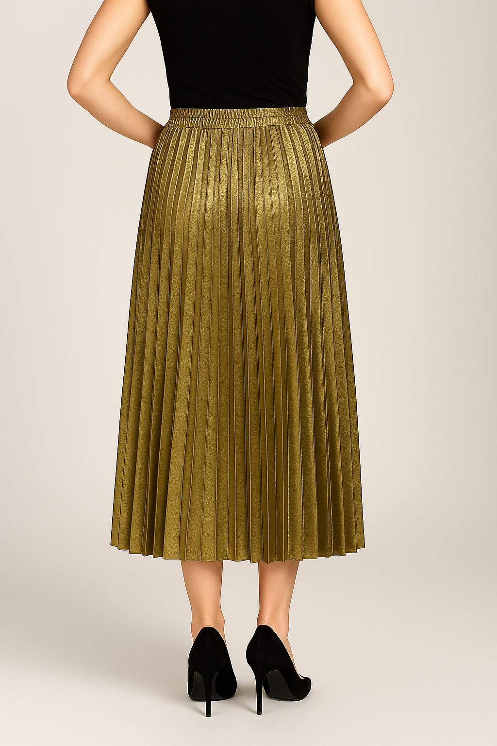 Lumina Wear Isabella gold pleated maxi skirt with high waist, flowing elegant design and stylish pleats for sophisticated look.