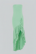 Elegant green flowing dress with asymmetrical ruffle by Lumina Wear, featuring a stylish, draped design perfect for special occasions.