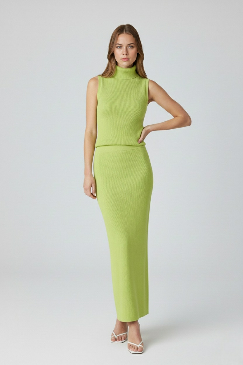 Elegant green knit skirt and top set by Lumina Wear, featuring a flattering fit in a stylish two-piece dress ensemble.