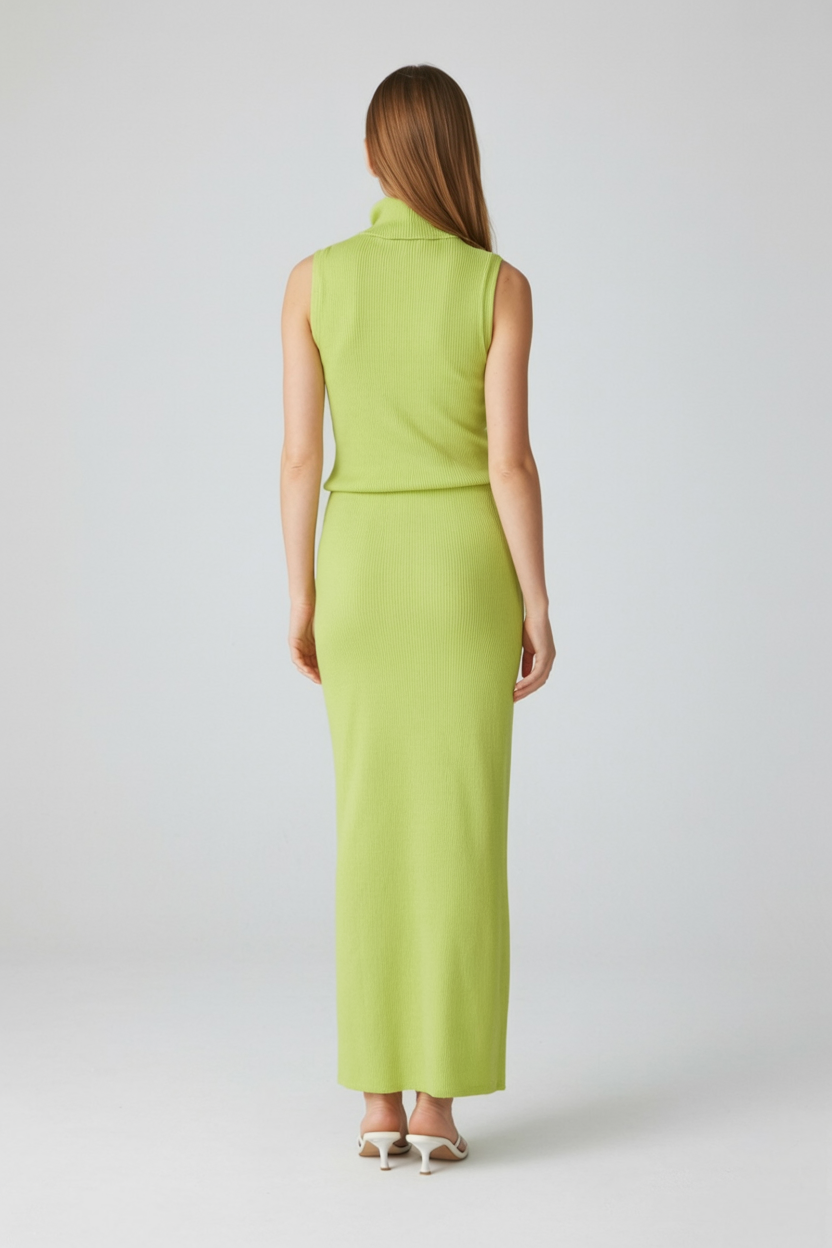 Elegant green knit skirt and top set by Lumina Wear, featuring a flattering fit, perfect for stylish two-piece dress ensembles.