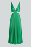 Elegant green pleated maxi dress by Lumina Wear featuring flowing design and sophisticated style.