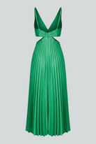 Elegant green pleated maxi dress by Lumina Wear featuring flowing design and sophisticated style.