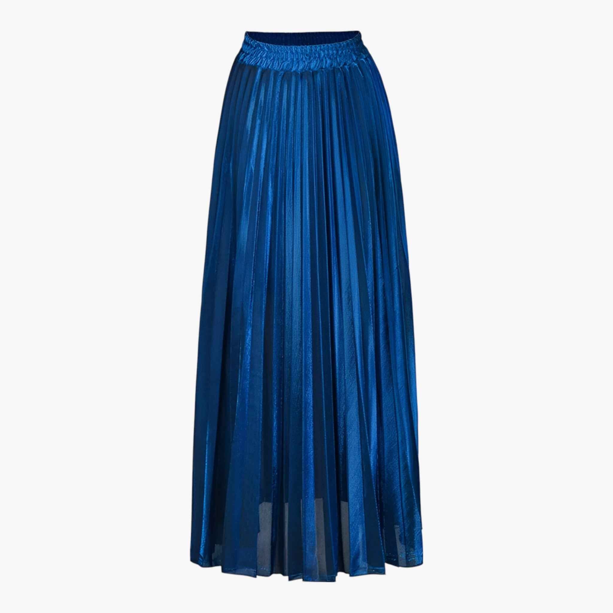 Gold high-waist pleated maxi skirt from Lumina Wear's Isabella collection, flowing fabric and elegant design.