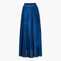 Gold high waist pleated maxi skirt by Lumina Wear, styled with flowing fabric and elegant pleats for a sophisticated look.