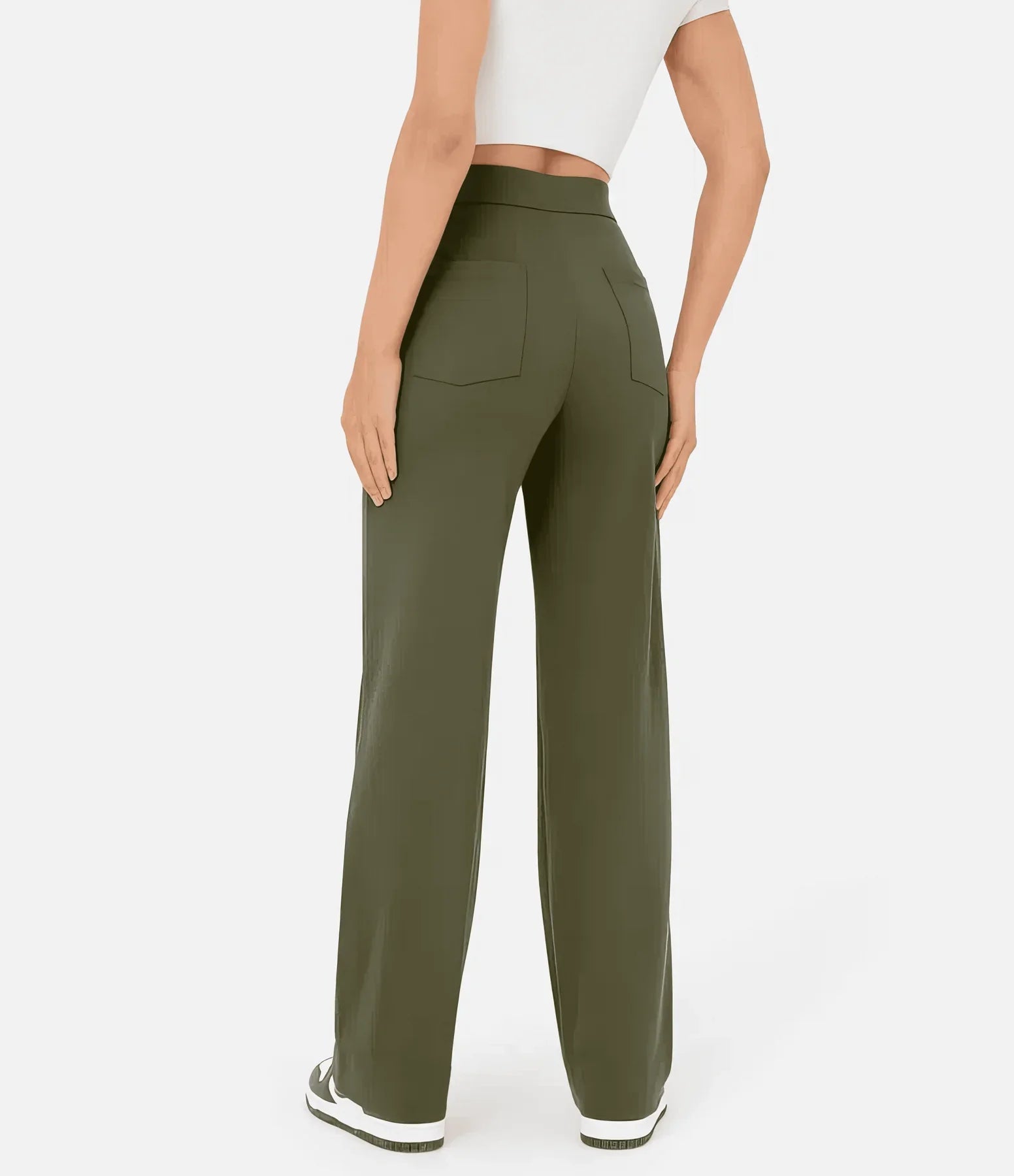 Green Lumina Wear Isabella high-waisted trousers for women, featuring a flattering fit and elegant style.