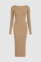 Elegant khaki maxi skirt set with slim fit from Lumina Wear, featuring flowing fabric and stylish design, perfect for sophisticated looks.