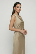 Elegant khaki summer dress by Lumina Wear featuring a sophisticated fit, perfect for women’s fashion and summer styling.