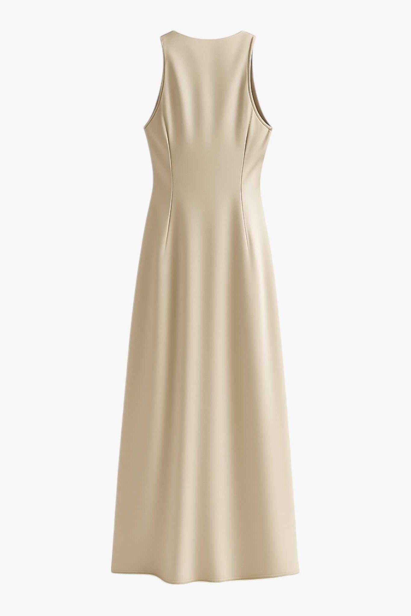 Elegant Khaki summer dress by Lumina Wear, featuring a sophisticated fit, designed for women, shown on a model.