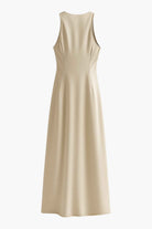 Elegant Khaki summer dress by Lumina Wear, featuring a sophisticated fit, designed for women, shown on a model.