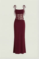 Elegant burgundy lace bodycon dress with spaghetti straps by Lumina Wear, designed for women, shown on a mannequin.