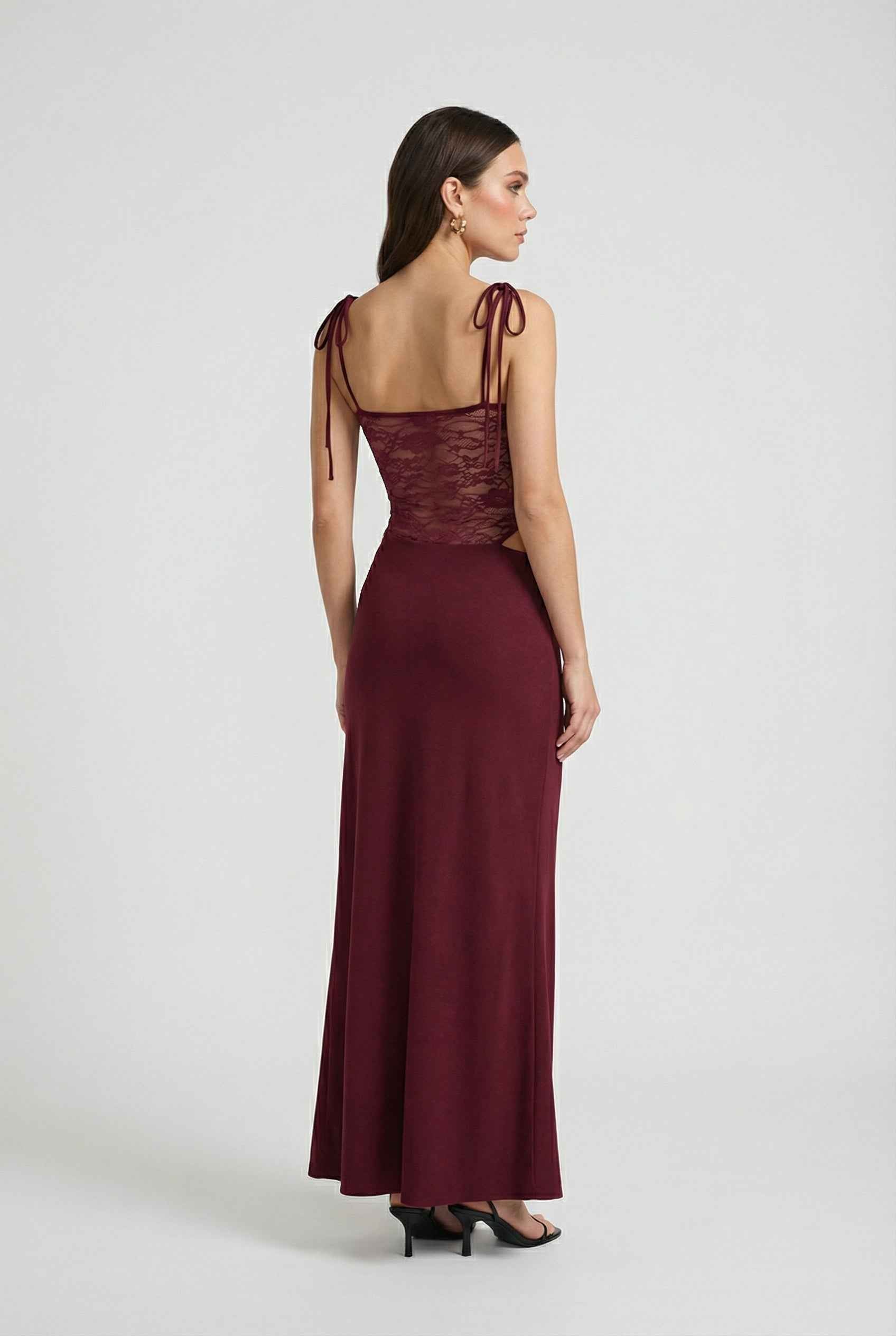 Lumina Wear Isabella burgundy lace bodycon dress with spaghetti straps, fitted women's dress showcasing elegant design.