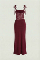 Lumina Wear Isabella elegant burgundy lace bodycon dress with spaghetti straps for women, fitted and stylish for special occasions.