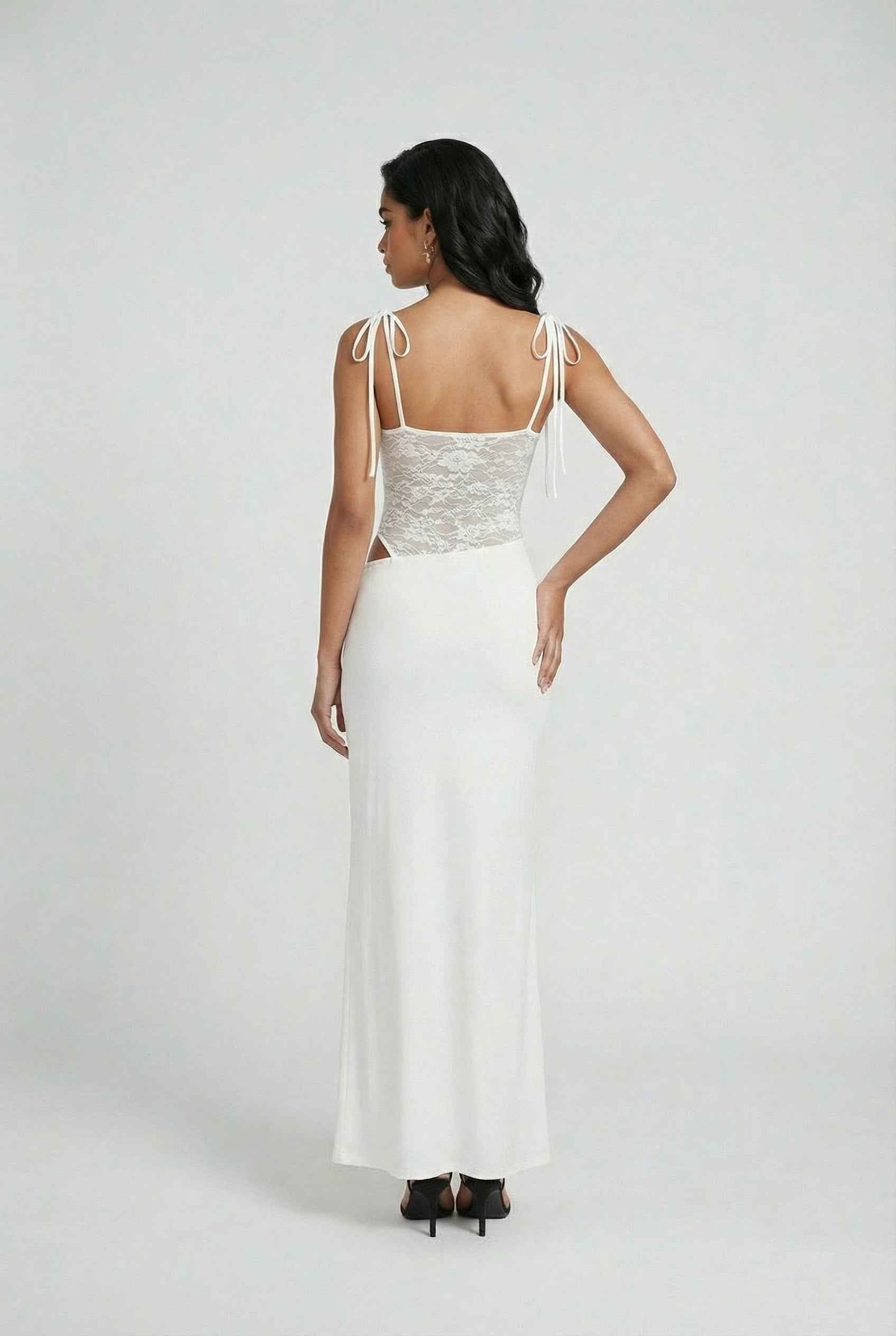 White women's dress with elegant lace details and a flattering silhouette from Lumina Wear.