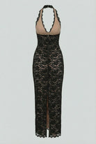 White lace maxi dress with elegant fit by Lumina Wear, featuring intricate lace details and flowing design for formal occasions.