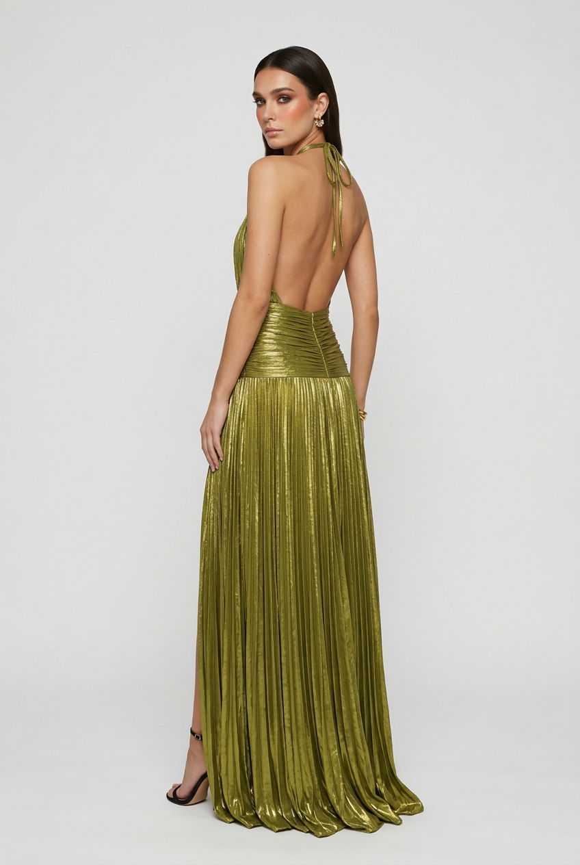 Elegant olive green maxi dress for women by Lumina Wear, showcasing a flattering silhouette and flowing design.