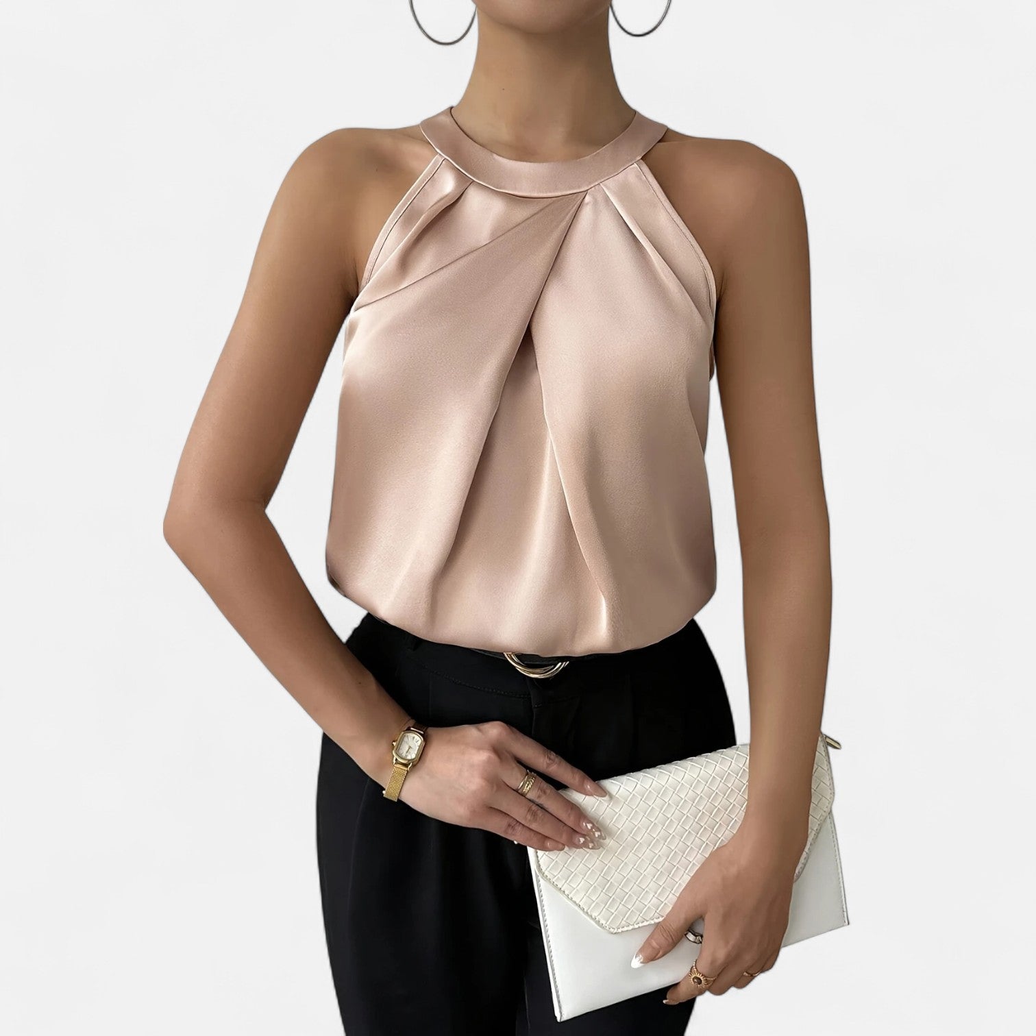 Beige Isabella Lumina Wear elegant pleated draped satin tank top displayed on a mannequin.