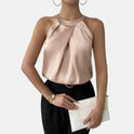 Beige Isabella satin tank top with pleated and draped design from Lumina Wear, shown on a model.