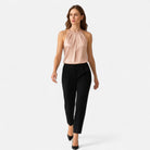 Beige Isabella satin tank top by Lumina Wear featuring elegant pleated and draped design, perfect for stylish casual wear.